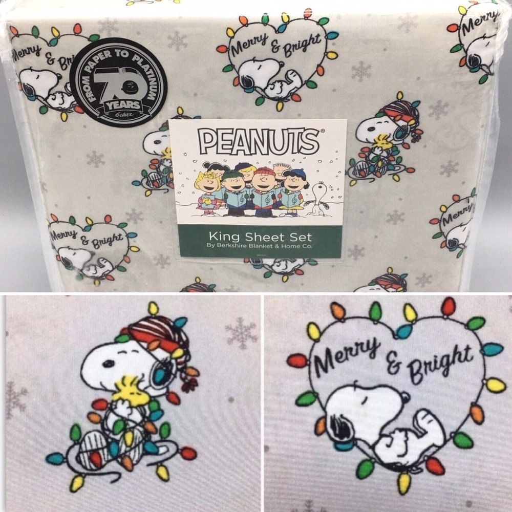4pc Berkshire Peanuts Christmas Lights Heart KING Sheet Set Snoopy Woodstock NEW